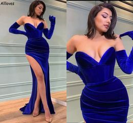 Velvet Royal Blue Arabic Aso Ebi Evening Dresses Sweetheart Sexy High Split Special Occasion Prom Gowns Long Mermaid Women Formal Second Reception Dress CL2770