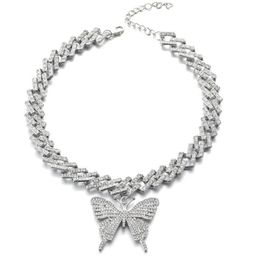 Chokers Big Butterfly Necklace Pendent Cuban Link Chain For Women Iced Out Rhinestone Choker Bling Hip Hop Jewellery Accessories245E