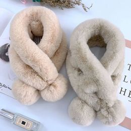 Scarves Scarf Female Autumn and Winter Fur Rabbit Fur Plush Thick Warm Scarf Solid Colour Fur Ball Cross Student Children 231009