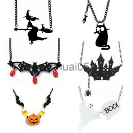 Pendant Necklaces Horror Witch On Broom Ghost Halloween Necklace Hallowmas Cosplay Bleeding Bat Black Cat Castle Evil Pumpkin Pendant Necklace x1009