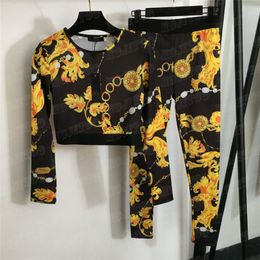 Vintage Print Women T Shirt Leggings Yoga Sport Suits Long Sleeve Tight Pullover Slim Pants Designer Tracksuit