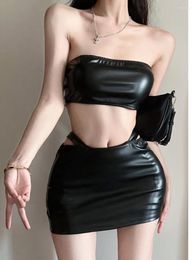 Work Dresses 23 Summer Women's Sexy Spicy Girl PU Leather Wrapped Chest Backless Top Tight Hip Skirt Fashion Two Piece Set 7VYR