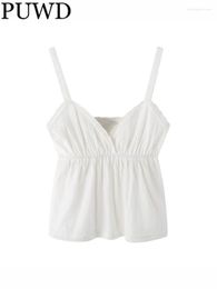 Women's Tanks PUWD Casual Women Soft Cotton White Short Camis 2023 Summer Vintage V Neck Sleeveless Solid Colour Female Tops Chic