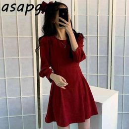 Korean Chic Slim-fit Lace-up Waist Pleated A-line Dress Short Plus Size Red Round Neck Puff Long Sleeve Vintage Vestido Gentle 210230y