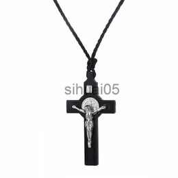 Pendant Necklaces Religious INRI Crucifix Necklace for Men Women's Catholic Small Wooden Cross Necklace Pendant Jewellery Rope Chains Collier 60CM x1009