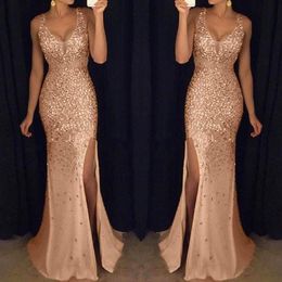 party night dress Women Sequin Prom Sexy Gold dresses Bridesmaid V Neck Long elegant summer Dress robe femme 2019305N