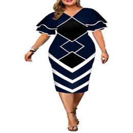 Womens Plus Size Dresses Bodycon Elegant Geometric Print Evening Party Dress Layered Bell Sleeve Casual Club Outfits2528