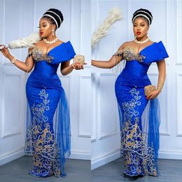 Long Sleeves Evening African Pearls Beads Aso Ebi Formal Party Gowns Overlay Royal Blue Prom Dress Plus Size Tassel 322