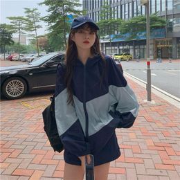 Women's Trench Coats 2023 Navy Blue Spliced Women Jacket Street Hip Hop Tracksuit Vintage Y2K Oversize Zipper Sports Harajuku Tops