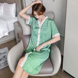 Women's Sleepwear 2023 Pyjamas Women Korean Sexy Lace Nightgown Ice Silk Luxurious Robe Summer Sleepshirts Sweet Princess Style Nightdress