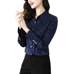 Luxury Fashion Blue Polka Dot Blouses Women Designer Silk Satin Runway Shirt 2023 Autumn Winter Vintage Lapel Classic Button Up Shirt Office Lady Chic Plus Size Tops