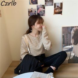 Women's T Shirts Vintage T-shirts Women Loose Office Lady Autumn Ulzzang All-match College Simple Striped Chic Minimalist Casual Harajuku