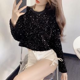 Women's T Shirts Summer Korean Clothes Sequins Short T-Shirt Female Chic Sexy Shiny Beading Glitter Tops Velvet Long Sleeve Tees 2172