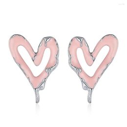 Stud Earrings 925 Silver Needle Pink Enamel Love Heart Piercing Women For Girl Hollow Waterdrop Bronics