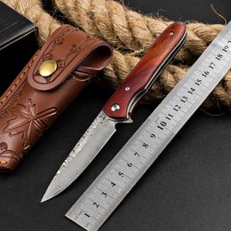 1Pcs H1087 Flipper Folding Knife Damascus Steel Drop Point Blade Rosewood Handle Outdoor EDC Pocket Folder Knives with Leather Sheath