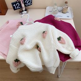 Cardigan Korean Children s Wear 2023 Winter Girls Fashion 3D Strawberry Knitted Cute Thermal Sweater Loose and Versatile Top Pullover 231007