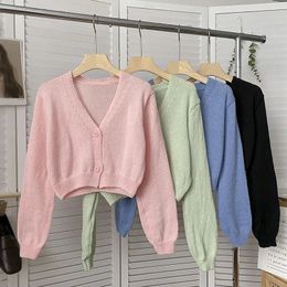 Women's Sweaters Y2k Women Cardigan Sweater Knitted Cropped Korean Short Long sleeve Crop Top V neck Fashion Clothe 231009