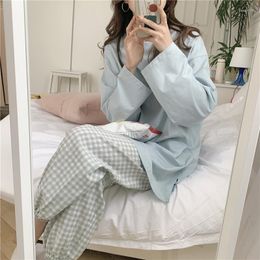 Women's Sleepwear QWEEK Cotton Sleep Tops Pyjamas Plaid Pant Korean Home Suit Female Set Woman 2 Pieces Pijama Pyjamas Loungwear