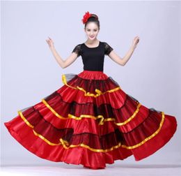 Stage Wear Girls Dance Costumes Red Black Satin Solid Spanish Flamenco Dress Lace Up Ballroom Performance Party Female Long Skirt