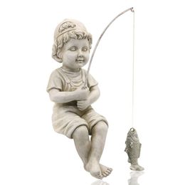 Lovely fisherman statue sculpture, little fisherman garden statue, outdoor courtyard lawn swimming pool pond fishing decorations, 11 inches