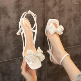 Sandals Summer Square Toe Stiletto Rhinestone Pearl Bow Decoration Fashion Shallow Mouth Sexy Elegant Casual Party High Heels