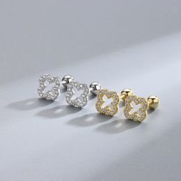 S925 Sterling Silver Hollow Clover Designer Earring Ear Studs Rings Shining Zircon Crystal Bling Diamond 18K Gold Lucky Flower Earrings Earings Nice Jewellery Gift