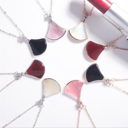 Solid 925 Sterling Silver Fan Shaped Pendant Necklace Black Agate Pink Opal Women Collarbone Necklaces Jewelry189U