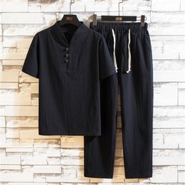 Short Sleeve T Shirt Men Sets V Neck Drawstring Casual Trousers Formal Summer Wear Clothes Set Chinese Style Cotton Linen Suit1206Y