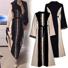 Ethnic Clothing Women Muslim Long Sleeve Maxi Dress Lace Polka Stitching Islamic Middle East Dubai Robe Belted Abaya Kaftan