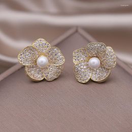 Stud Earrings 14k Gold Plated Korea Fashion Jewelry Delicate Copper Set Zircon Flower Pearl Elegant Women's Party Accessories