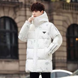 Autumn and winter mens hooded striped print medium long down jacket 90% white duck filling soft warm cuff tightening without air leakage. CC 1 PN9I