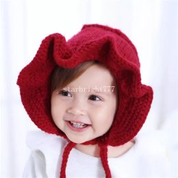 New Autumn Winter Infant Baby Girls Knitted Bucket Hat Kids Caps Ruffles Princess Children Warm Windproof Ear Protection Lace Up Hats