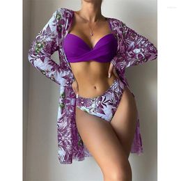 Women's Swimwear Sexy Low Waist Bikini Three Piece Mesh Long Sleeve Shawl Top Split Fit Print Small Fresh Beach