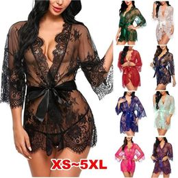 Women's Sleepwear Plus Size Nightgown Women Sexy Lingerie See-Thru Lace Dress Babydoll Kimono Robe Mesh Nightwear223R