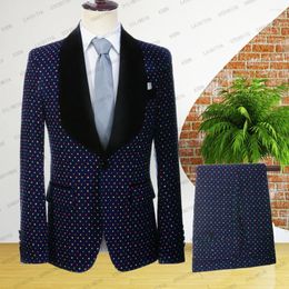 Men's Suits 2023 Teal Polka Dots Men Suit Slim Fit Wedding Wear Business Navy Blue Elegant Costume Mariage Homme 2 Piece