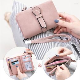 Wallets Multifunction Short Purse Fold Women Drawstring PU Leather Zipper Wallet With Wrist Strap Ladies Carteira Feminina