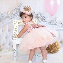 Pink Backless Princess Gold Bow Baby Dress for Girl Baptism Christening 1st Birthday Party Newborn Gift Infant Tutu Girls Gown310A