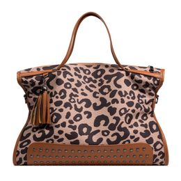 Leopard Pattern Women'S Casual Tote Bag Handbag Luxury Brand Large Capacity Shoulder Messenger Bag Rivet Motorcycle