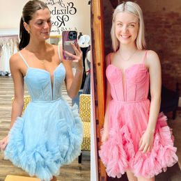 Glitter Tulle Homecoming Dress 2k24 Ruched Corset Short Prom Pageant Winter Formal Cocktail Event Party Runway Black-Tie Gala Graduation Hoco Gown Pink Sky Blue