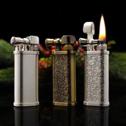 Lighters Mini Metal Windproof Retro Kerosene Lighter Embossed Pattern Sideslipping Grinding Wheel No Gasoline Cigarette Lighter Gift For Men M90M