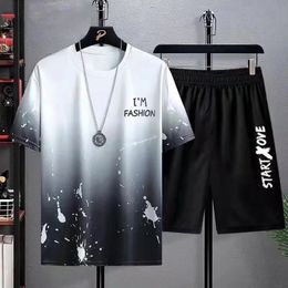 Men's Tracksuits Summer Fashion Men's Ice Silk Loose Gradient Tracksuit Letter Printing Short Sleeved T-shirt And Shorts Pants Two Piece Sets 231009