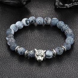 Whole-Whole Antique Silver Plated Buddha Leopard head Bracelet Lava Natural Stone Beaded Bracelets For Men Women Pulseras 337v