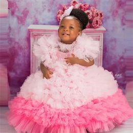 2024 Sweet Pink Ruched Tutu Flower Kids Gown African Puffy Pleated Tulle Girls Dresses Wedding Birthday Party Dress Baby Girl 322 322 322