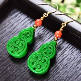 Dangle Earrings 925 Silver Natural Green Jade Hollow Out Gourd DIY Charm Jewellery Fashion Accessories Hand-Carved Woman Luck Amulet