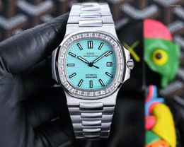 Wristwatches Men Automatic Mechanical Watch Sky Blue Square Diamond Black Leather