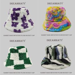 Wide Brim Hats Bucket Hats Flower Tie Dye Bucket Hat Plush Panama Women's Outdoor Keep Warm Autumn Winter Korean Style Fashion Ear Protection Fisherman Cap 231009