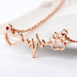 Love Bear Paw Dog Footprint ECG Heart Beat Necklace Women Bling Clavicle Chain Jewelry Gift293P