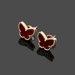 Charm designer four-leaf flower 18 karat gold tiger Eye stone VC letters mini butterfly stud earrings mini Coloured shells luxury j2303