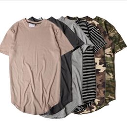 New Style Summer Striped Curved Hem Camouflage T-shirt Men Longline Extended Camo Hip Hop Tshirts Urban Kpop Tee Shirts Mens Cloth2449