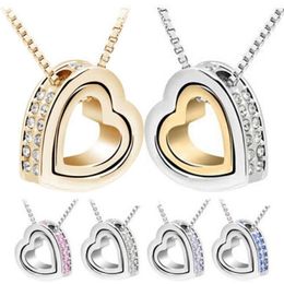 QCOOLJLY Gold Colour Heart in Heart Shaped Austrian Crystal Pendant Necklace Fashion Jewellery for Women Party Gift245W